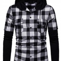SKLS010 custom-made hooded long-sleeve plaid shirt Men's fake two-piece shirt supplier front view